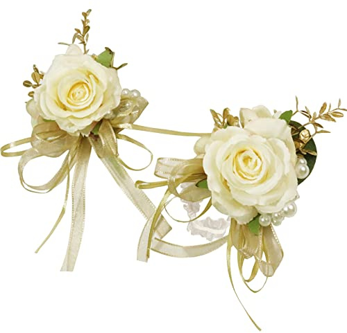 YOKOKE Corsage and Boutonniere Set, Handmade Artificial Peony Rose Wrist Corsage Wristlet and Groom Boutonniere for Men Wedding Prom Suit Decorations (Champagne Cream Gold)