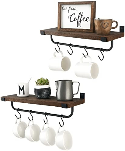 Mkono Coffee Bar Shelves, Wall Mounted Cup Rack with Hooks, 2 Pack | Kitchen Wall Shelf Creates More Countertop Space 8 Hooks Storage for Kitchen, Dining Room and Coffee Bar