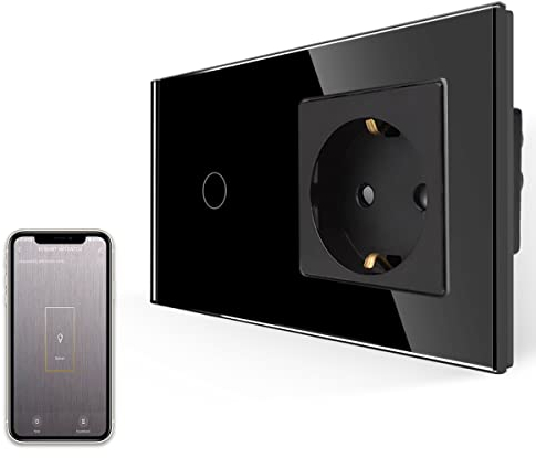 JIMEIDA Smart Lichtschalter mit Steckdose Unterputz, Kein Neutralleiter Erforderlich, Touch Lichtschalter Kompatibel mit Alexa und Google Home, Normale Schuko Steckdose in Schwarz Glas- 1 Fach
