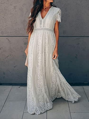Vestido Largo De Encaje Mujer Sexy Cuello En V Manga Corta Ahueca hacia Fuera Vestido De Novia De Encaje Floral Fiesta Boho Maxi Vestido Blanco Robe Femme-Beige,L