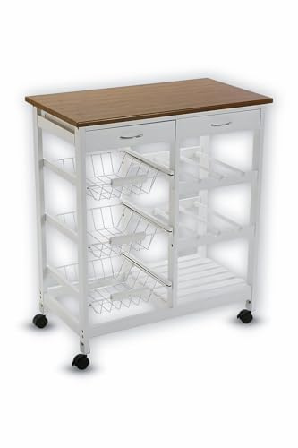FEFE® Kitchen Trolley MDF Top White Island Dining Cart Worktop Basket Storage Lockable Wheels Rolling Kitchen Portable Island Kitchen Trolley with Drawers and Open Shelf, White