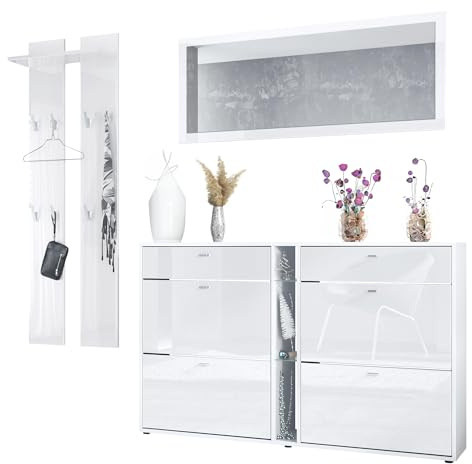 Vladon Garderoben-Set Orlando mit Schuhschrank, Made in Germany, Wandpaneel und Wandspiegel, Weiß matt/Weiß Hochglanz