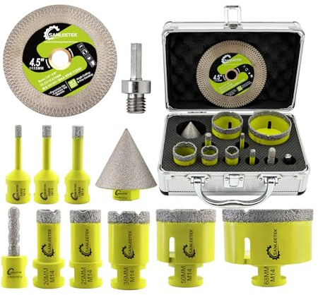 SANLEETEK Tile Hole Saw Kit - Diamond Core Drill Bits Set 11pcs(6/8/10/20/25/35/50/68+10mm Finger Bit+50mm Chamfer Bit+115mm Diamond Blade+Adapter) for Porcelain Tile Ceramic Marble M14 Thread