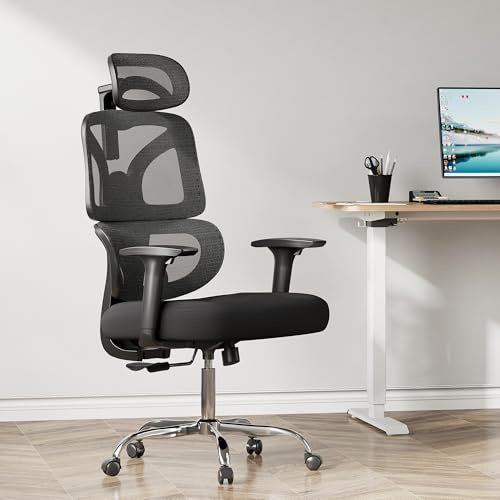 DEVAISE Office Chair, Ergonomic Office Chair with 4D Segmented Support Backrest, W-Shaped Cushion, 5D Armrests Headrest Adjustable, Mesh Chairs for Home Office, 180kg Capacity, Black