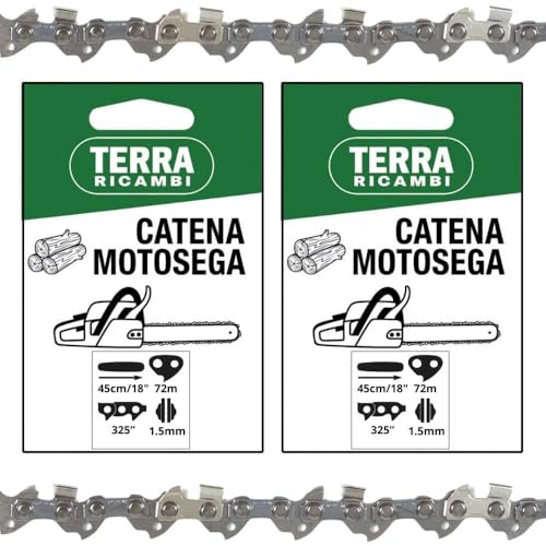 Set 2 Catene Motosega 72 Maglie - passo 325” spessore 1.5mm – per Barra 45cm/18 – Basso Contraccolpo, Alta Durata – Qualità Tedesca Terra Ricambi – Per Uso Agricolo, Forestale e Fai da te.