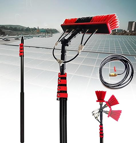 Spazzola telescopica alimentata ad acqua per pannelli solari e finestre, testa di pulizia da 30 cm, connettore in ottone, giunti divisi a 3 vie, sistema di acqua pura per una pulizia efficace