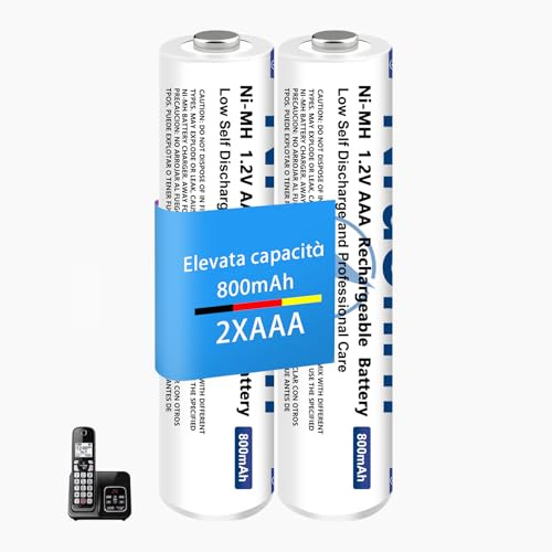 NiMH Batteria micro AAA 800 mAh 1,2 V per Telefoni Gigaset, Pile Ricaricabili AAA per Telefoni senza fili Panosonic, bassa autoscarica, ricarica rapida - 2 pezzi