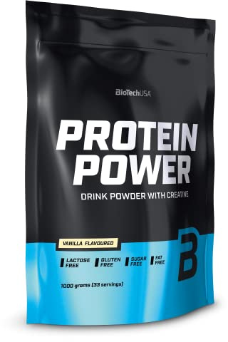BioTechUSA Protein Power | Hög proteinhalt, sockerfri, laktosfri, glutenfri | Tillsatt kreatin, 1 kg, Vanilj