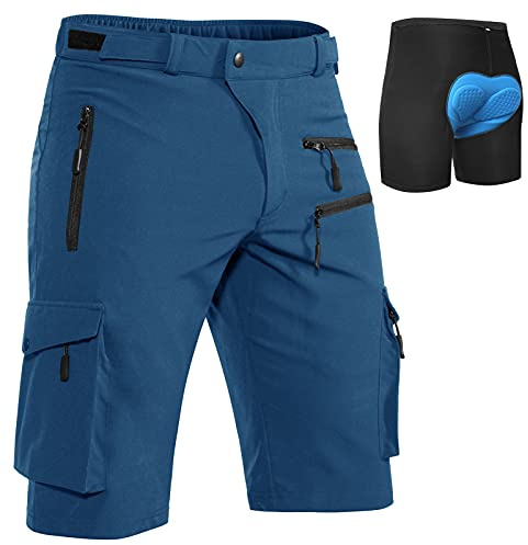 Hiauspor MTB-Hose-Herren-Kurz-Radhose-Fahrradhose-Herren Schnelltrocknend Mountainbike Hose Atmungsaktiv Radlerhose Wanderhose Cargo Trekking Bermuda für Outdoor (Indigo mit Unterwäsche, XL)