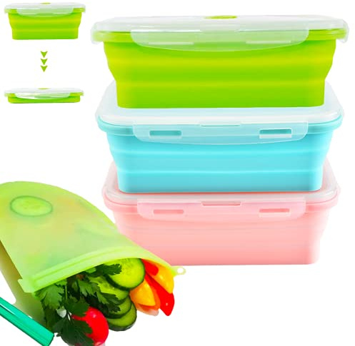 Faltbare Silikon-Lebensmittel-Aufbewahrungsbehälter, 3 Stück, 1200 ml, Silikon-Lunchbox, gratis Silikon-Lebensmittel-Aufbewahrungsbeutel, Gefrierschrank, Ofen, Mikrowelle und Spülmaschine geeignet
