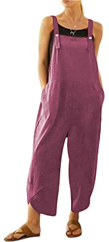 BRONG Kvinnors overaller ledig klädsel hängselbyxor mjukt bomullslinne dam jumpsuit säckig lekdräkt justerbara remmar med fickor, Lila, 5XL