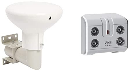 Outdoor Aerial, SLx Digidome For TV Digital Freeview HD 360° Omni Directional Amplified Antenna,White & One For All Signal Booster/Splitter for TV - 4 Outputs (14x amplified) - Plug and Play - white