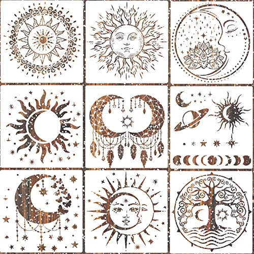 9 stycken stora mandala-sol- och månschabloner fjäril blomträd färgschabloner för hantverk återanvändbara mallar stjärnschabloner för målning trä vägg möbler heminredning (solmåne)