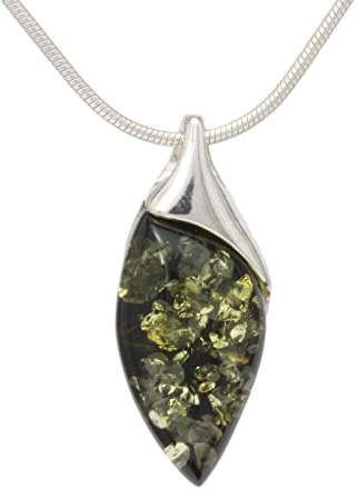 LIGURIUS NATURAL BALTIC AMBER STERLING SILVER 925 NECKLACE Green PENDANT Gemstone For Women & Silver Adjustable CHAIN Snake 45cm - 50 cm, Gift set