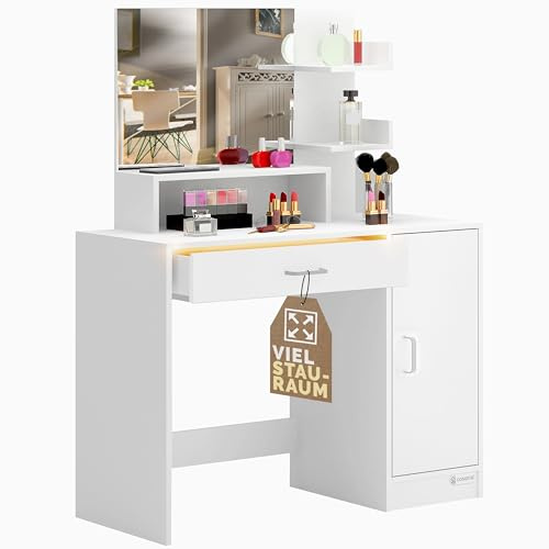 Casaria® Schminktisch mit Spiegel Weiß mit Schubladenbeleuchtung 3 Regale Schlafzimmer Frisiertisch Kosmetiktisch Make-up klein modern Holz 90x40cm