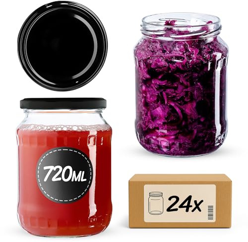 KADAX Konserveringsburkar, syltburkar 720 ml, konserveringsburkar med skruvlock, glas med skruvlock, konserveringsburkar, förvaringsburkar att sätta i (svart/24 stycken)