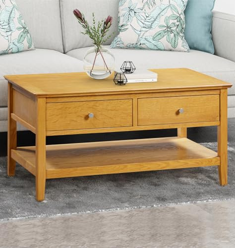Hallowood Furniture Hereford Light Oak Coffee Table with Drawers and Shelf | Large Rectangular Oak Coffee Tables with Storage Drawers for Living Room, Ideal as Storage Unit for Lounge Décor or Office