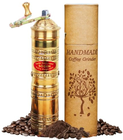 Sozen Hammered 7 Manual Coffee Grinder Brass – Hand Crank Burr Mill for Turkish Coffee, French Press, Espresso, Camping & Home Use – Portable Coffee Bean Grinder, Adjustable Conical Grinder