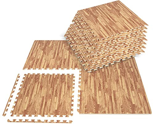 Giantex Foam Floor Tiles, 12 pcs Interlocking Foam Tiles with 24 Edge Pieces, 48 sq.ft Wood Grain Flooring EVA Puzzle Foam Mat for Playroom Basement Kitchen Farmhouse