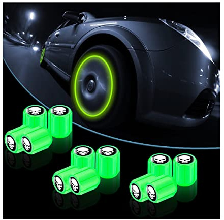 CGEAMDY 12 Piezas Universales Cráneo Tapas Fluorescentes Válvula Coche, Tapones Car Tire Valve Caps Accesorios Decorativos para Automóvil, Camión, SUV, Motocicletas, Bicicleta (Verde)