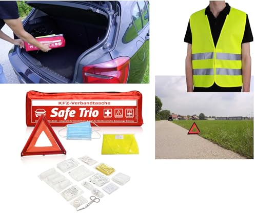 Kfz Verbandstasche rot | Verbandskasten für Auto | Inhalt nach neuester DIN 13164:2022-02 | Euro-Warndreieck | Warnweste EN ISO 20471