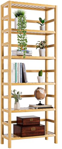 HITNET Bamboo Shelf, 6-Tier Adjustable Tall Open Bookcase, Bathroom Storage Rack Freestanding Shelving Unit, Plant Display Stand for Small Space, Natural