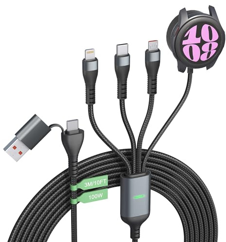 4-in-2 100W USB C Multi Ladekabel mit Kabellose Ladestation für Samsung Galaxy Watch 6/6 Classic/5/5 Pro/4/4 Classic/3/Active 2/Active,3M Multi USB Ladekabel für Galaxy Watch/Android/iOS/iPhone/Laptop