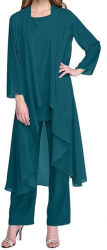 Vagbalena Donna Tre Pezzi Camicetta in Chiffon Tulle Abito da Sera Set Chiffon Formale Abito da Sposa con Giacca Adatto per la Madre della Sposa Festive Abito Pantaloni (Ciano,XL)