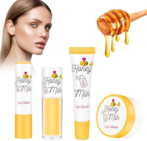 Kit 4 Pezzi per la Cura Delle Labbra, Balsamo Maschera Olio Scrub Esfoliante, Idratante Maschera Dormire al Miele e Latte, Lenisce le Labbra Secche