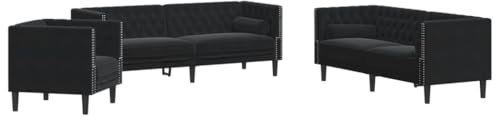 vidaXL Chesterfield Sofa Set mit Nackenrollen 3-TLG., Sofagarnitur mit Kissen, Sitzgruppe für Wohnzimmer, Polstersofa Couch Sessel, Schwarz Samt