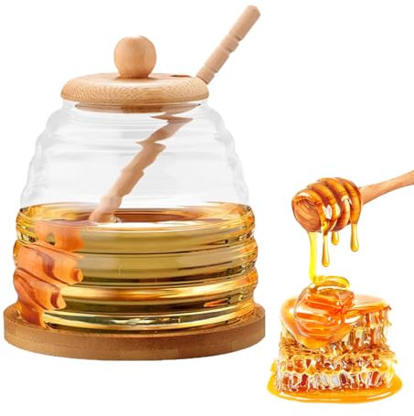 Luckwaii Honigglas mit Honiglöffel 500ml Honiggläser Honigspender Glas Honigtopf mit Löffel und Deckel Holz Rund, Honigbehälter Honey Dispenser Jar Transparent für Honig Sirup Küche Speicherung