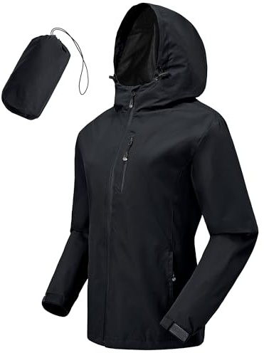 Tyhengta Women Rain Jacket Waterproof Outdoor Raincoat Lightweight Hooded Jacket Packable Windproof Walking Jackets with Zip Pocket Black,S