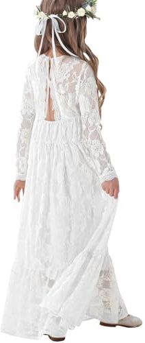 ALLOVIN Abito Maxi in Pizzo a Maniche Lunghe per Bambine e Ragazze – Abito A-Line Boho per Matrimonio, Battesimo, Prima Comunione | Bianco | 10-11 Anni