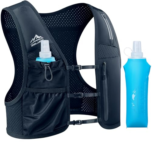 Zelvot Chaleco de Hidratación Trail Running con 500 ml Soft Flask, Patente Original Europea, Correas de Pecho Ajustables, Chaleco Running Ligero con Soporte para Teléfono (Negro, L/XL)