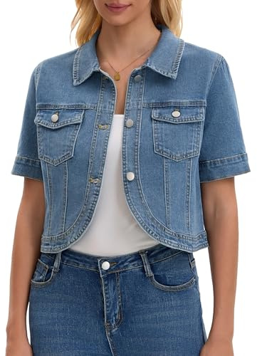 CIMUK Veste en Jean Femme Manches Courtes Blouson Courte Boutonnée avec Poches Style Rétro et Classique Boléro en Denim