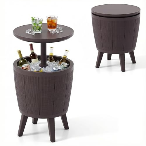 COSTWAY 2 in 1 Tavolino Frigo 38L da Esterno, Secchiello Ghiaccio Regolabile in Altezza 49 x 59-84H cm, Tavolo Bar con Tappo di Drenaggio, per Piscina, Cortile e Campeggio (Marrone)