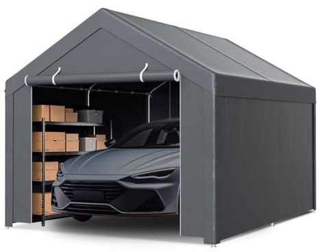 Peviasot garagetält 3 x 4 m, mobilt tältgarage i grått, PE-presenning med galvaniserad stålram, med markankare och spännlinor, väderskyddat skydd för bil, motorcykel och trädgårdsredskap