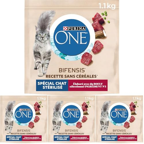 PURINA ONE | Aliment Complet pour Chat Adulte | Stérilisé | Croquettes | sans Céréales | Au Boeuf | Sac | 1,1kg (Lot de 4)