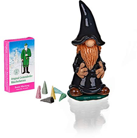 Crottendorfer Räucherkerzen Keramik Räucherfigur schwarz in Geschenkbox inkl. 1 Packung Bunte Mischung Räucherkerzen Gr. M (24 Stück)