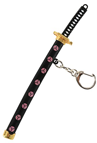 PiPi&W One Piece Schlüsselanhänger, Roronoa Zoro Katana Schlüsselanhänger, Anime Liebhaber Geschenk mit Samurai Messerständer (Schwarz Rosa)