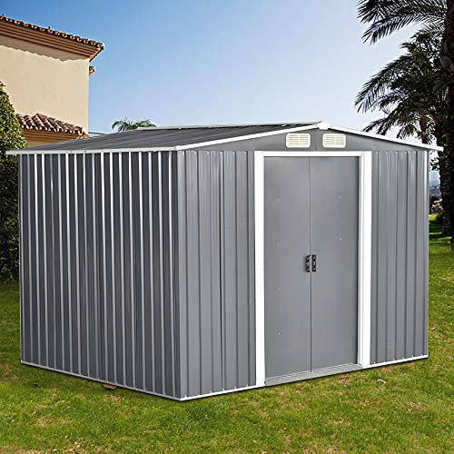 Panana 8 x 6 ft Corrugated Metal Garden Storage Shed w/Sliding Door Sloped Roof - Grey
