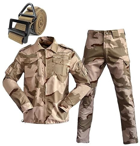 YuanDiann Conjunto de ropa táctica de camuflaje para hombre, 3 piezas, camisa, pantalones y cinturón multifuncional, trekking, montañismo, militar, combate, camuflaje, ropa de caza