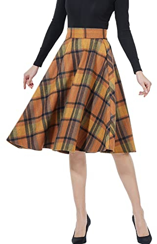BEAUTELICATE Falda Midi Mujer Acampanada a Cuadros Elástica Cintura Alta Elegante A-Line Falda Lana Larga con Bolsillo （Naranja,L）