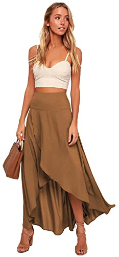 Odizli Gonna avvolgente da donna, elegante, a vita alta, elastica, estiva, lunga con spacco, marrone, XL