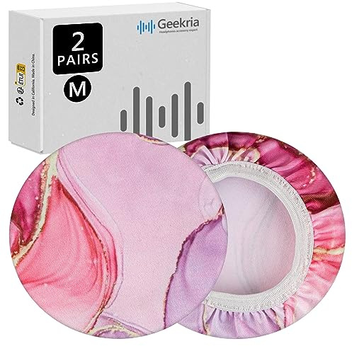 Geekria NOVA 2 Pairs Flex Fabric Headphones Ear Covers - Product Safety Certified - Washable & Stretchable Earcup Protectors for Over-Ear Headsets, Sweat Pads for Gym (Size M/Pink Marble)