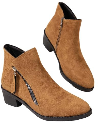 Woaikeyu Bottines Femme Talon Bas Rétro Mode Bottes Courtes Couleur Unie Pour Femmes Talon épais Boots Courtes Pour Femmes Chaussures élégantes Comfortable Femme (Brown, 37)