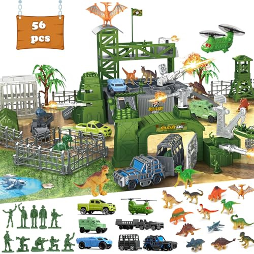 Frontoytall Military Base Toy Set with Vehicles & Dinosaur Includes Play Mat, Airplane, Helicopter, Mini Soldiers Figures, Birthday Gift for Boys Ages 3+, ASTM Certified