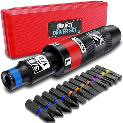Aurlloct 1/2 Inch Manual Impact Driver Set, 13 Piece Impact Screwdriver Kit, Repair Tool, Screw Remover, Remove Nuts and Rusty Bolts