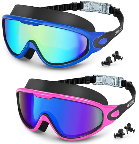 Water Space 2 Pack Swim Goggles, Swimming Goggles for Adult Men Women Youth, UV Protection Anti-fog Waterproof Large Frame Pool Water Goggles 180° Wide View Clear Vision Soft Silicone Easy to Adjust