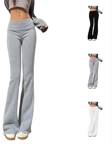 Generisch Hose Damen Schlaghose Low Waist Skinny Yogahose Lang Stretch Bootcut Freizeithose Jogginghose Grau Flared Hose Hüfthose Sexy Y2K Sweathose